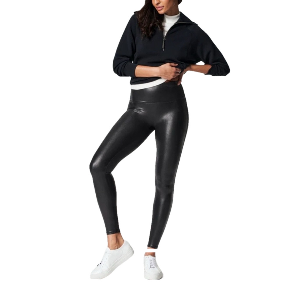 Spanx Leggings Black Size Large Faux Leather Stretchy EUC Women’s